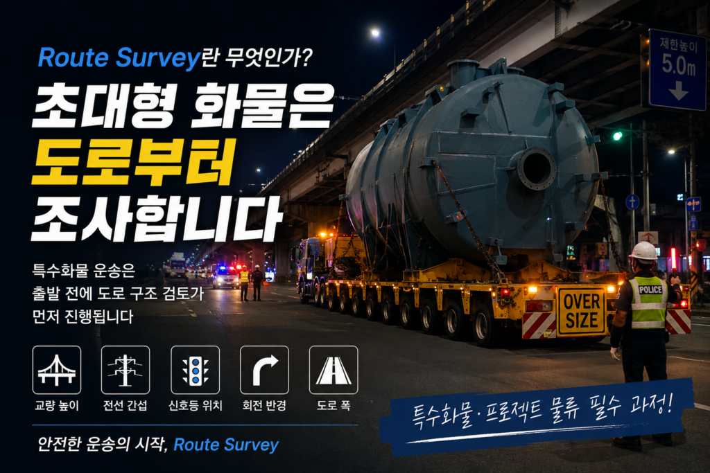 야간 도로에서 경찰 에스코트와 함께 초대형 산업 설비를 로우베드 차량으로 운송하는 모습과 Route Survey 개념을 설명하는 프로젝트 물류 썸네일 이미지