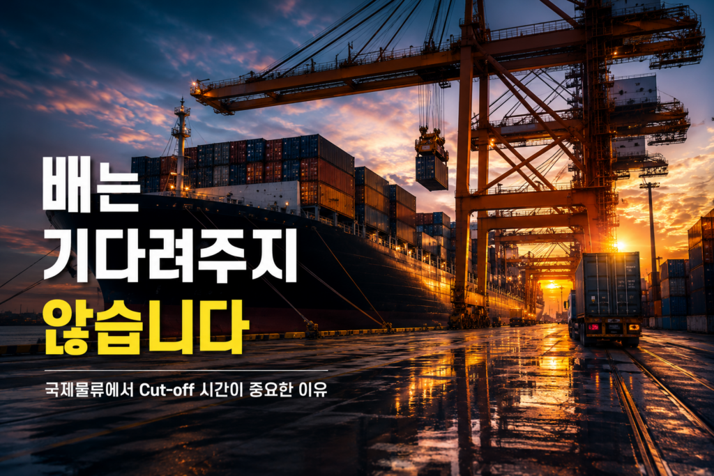 노을이 비치는 부산신항 스타일의 컨테이너 터미널에서 대형 컨테이너 선박과 겐트리 크레인이 작업 중인 모습. “배는 기다려주지 않습니다” 문구가 포함된 국제물류 썸네일 이미지