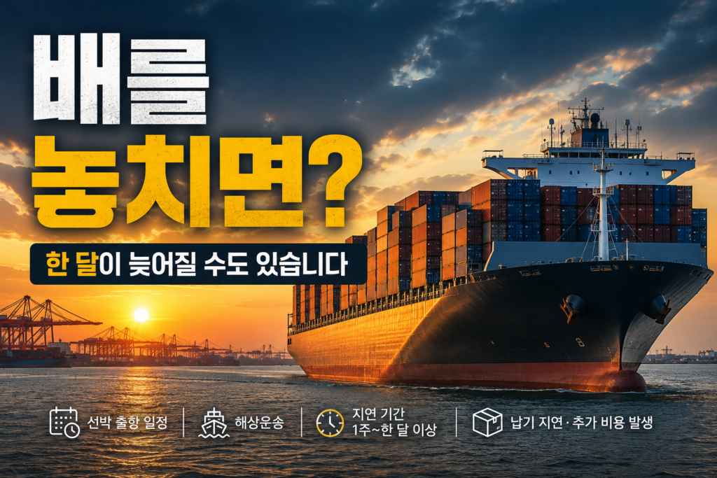 수출 화물이 선박 출항 일정을 놓쳤을 때 발생할 수 있는 운송 지연을 설명하는 컨테이너선 이미지