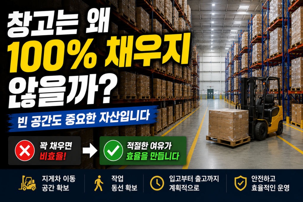 물류센터 창고 내부에서 지게차가 작업 중인 모습과 넓은 이동 통로가 보이는 이미지. 창고 운영 시 작업 공간과 이동 동선 확보의 중요성을 설명하는 대표 이미지.