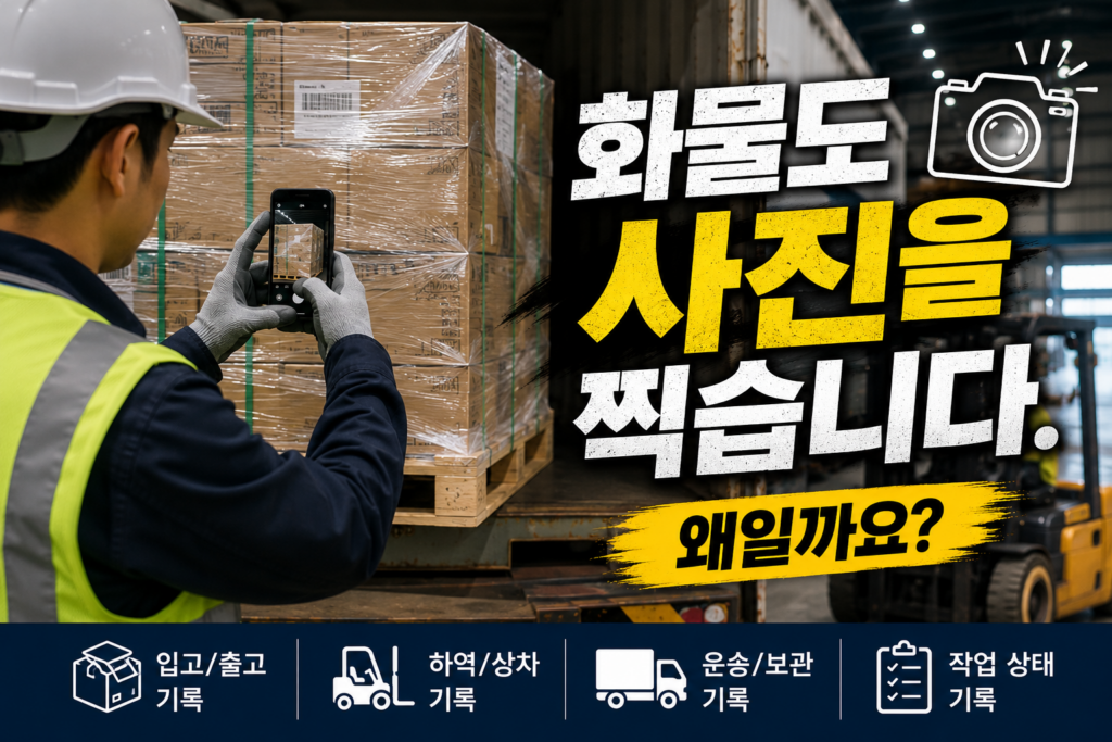 물류센터에서 작업자가 스마트폰으로 파렛트 화물을 촬영하며 작업 상태를 기록하는 모습