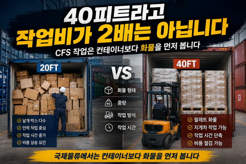 20피트 컨테이너와 40피트 컨테이너를 비교한 물류 현장 이미지. 한쪽은 낱개 박스 화물, 다른 한쪽은 팔레트 화물로 적재되어 있으며 지게차 작업이 진행되고 있는 모습.