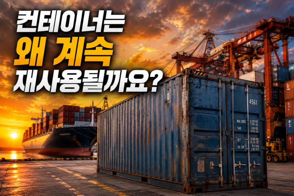 노을이 지는 컨테이너 터미널에서 사용 흔적이 있는 파란색 컨테이너와 컨테이너선, 겐트리 크레인이 보이는 모습. 국제물류에서 컨테이너 재사용의 중요성을 설명하는 썸네일 이미지.