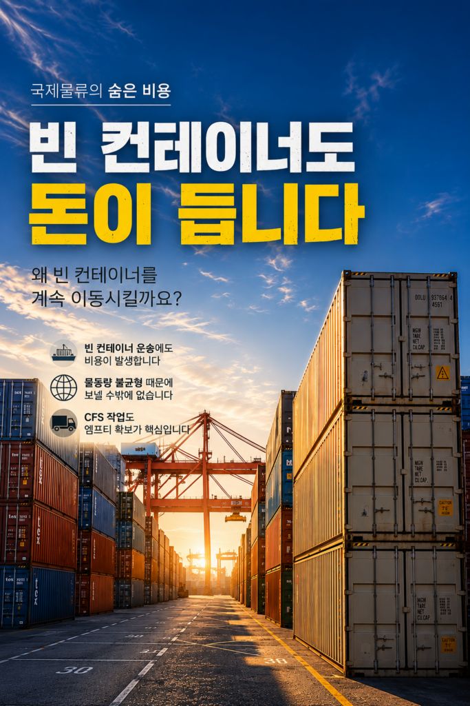 노을이 비치는 컨테이너 터미널 야드에 빈 컨테이너들이 적재되어 있고, 겐트리 크레인이 보이는 국제물류 썸네일 이미지. “빈 컨테이너도 돈입니다” 문구가 포함되어 있으며 Empty Container 운영과 국제물류 흐름을 표현한 이미지