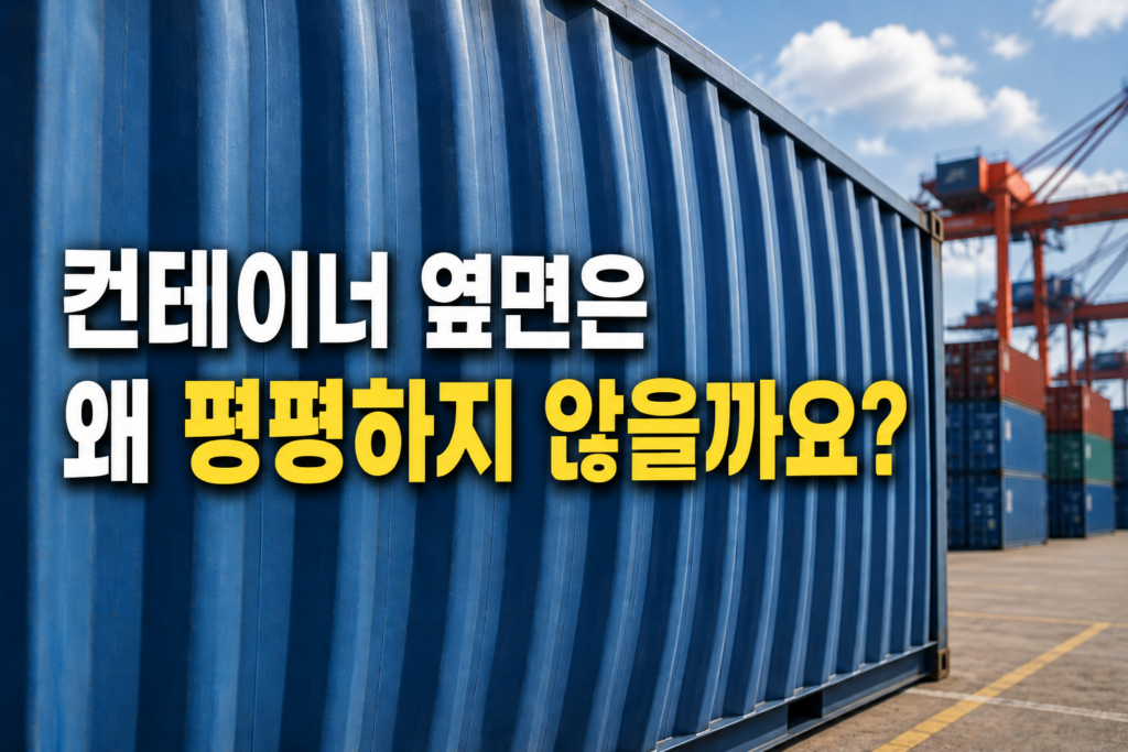 항만 야드에 있는 파란색 해상 컨테이너의 측면 굴곡 구조를 보여주는 이미지. 컨테이너 옆면은 왜 평평하지 않을까요?라는 문구가 포함되어 있다.