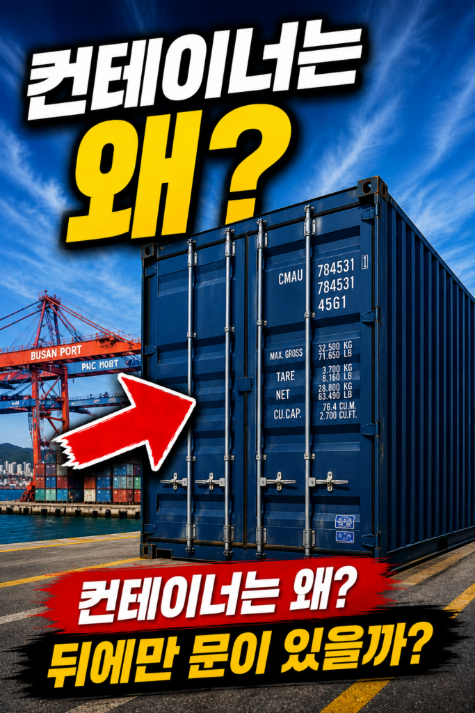 부산항 컨테이너 야드에서 대형 해상 컨테이너의 후면 문을 강조한 모습. 컨테이너는 왜 뒤에만 문이 있을까라는 문구가 포함된 물류 상식 콘텐츠 썸네일.
