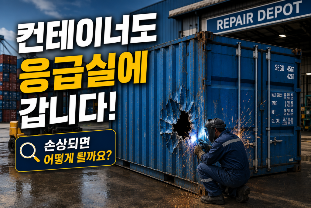 Repair Depot에서 손상된 해상 컨테이너를 용접 수리하는 모습. 컨테이너 손상 원인과 수리 과정을 설명하는 국제물류 콘텐츠.