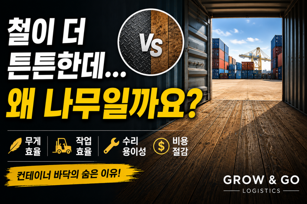 해상 컨테이너 내부의 나무 바닥과 항만 야드를 배경으로, 철보다 튼튼해 보이는데 왜 나무 바닥을 사용하는지 설명하는 물류 콘텐츠 썸네일
