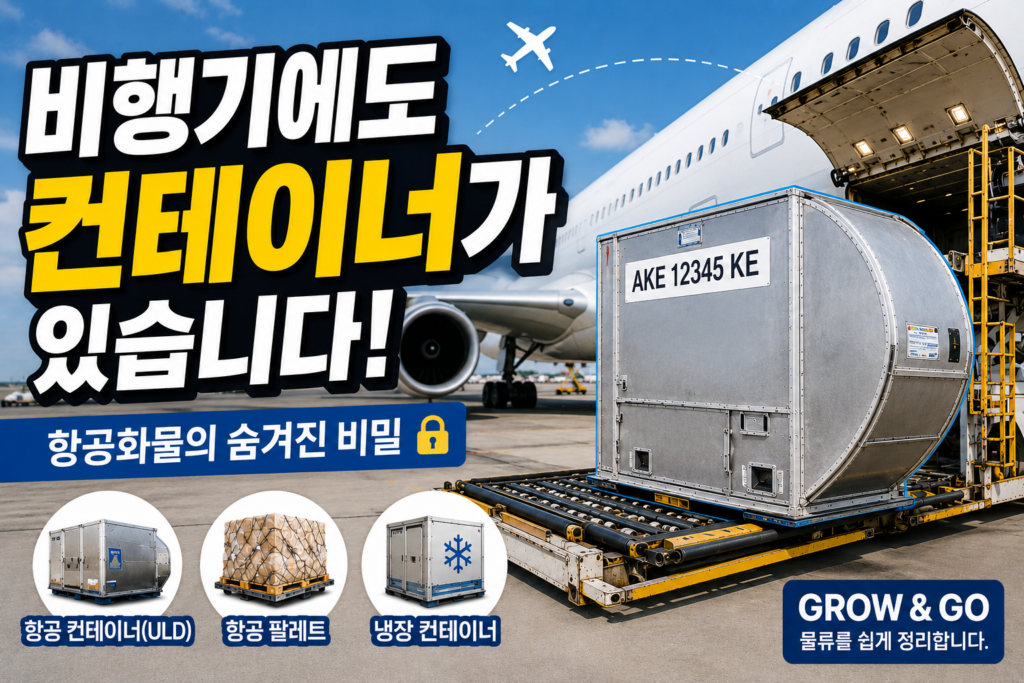 항공기 화물칸에 적재되는 항공 컨테이너(ULD)를 보여주는 이미지로, 비행기에도 전용 컨테이너를 사용한다는 내용을 설명하는 국제물류 콘텐츠 썸네일