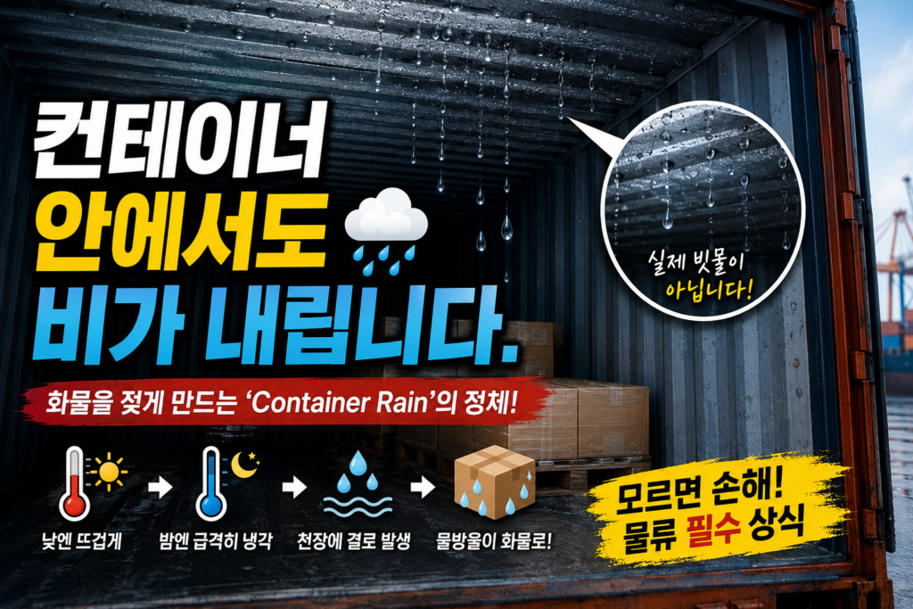 컨테이너 내부 천장에 결로로 인해 물방울이 맺혀 화물 위로 떨어지는 Container Rain 현상을 설명하는 썸네일 이미지