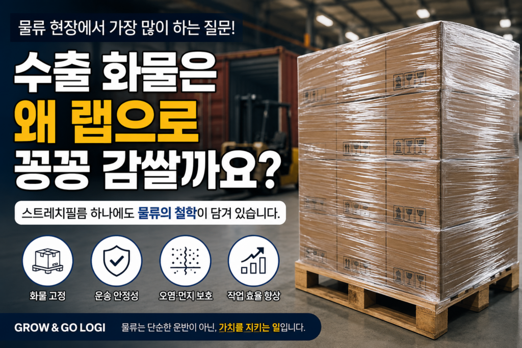 파렛트 위에 적재된 수출 화물이 스트레치필름으로 여러 겹 랩핑되어 있는 모습. 스트레치필름은 화물을 하나의 단위(Unit Load)로 고정하고 운송 중 안정성을 높이며 먼지와 오염으로부터 보호하는 데 활용된다.