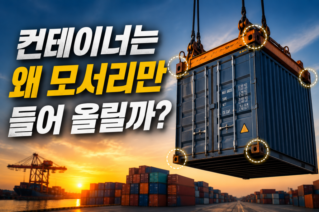 항만에서 갠트리 크레인이 ISO 컨테이너를 네 모서리 코너 피팅으로 들어 올리는 모습을 표현한 썸네일 이미지