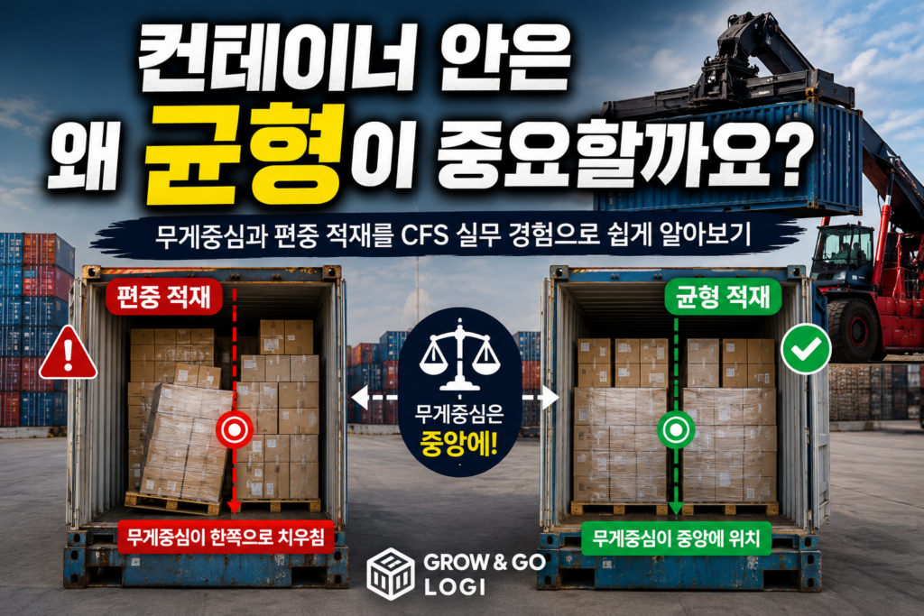 편중 적재된 컨테이너와 균형 있게 적재된 컨테이너를 비교한 이미지. 무게중심의 위치와 컨테이너 적재 균형의 중요성을 설명하는 물류 인포그래픽.