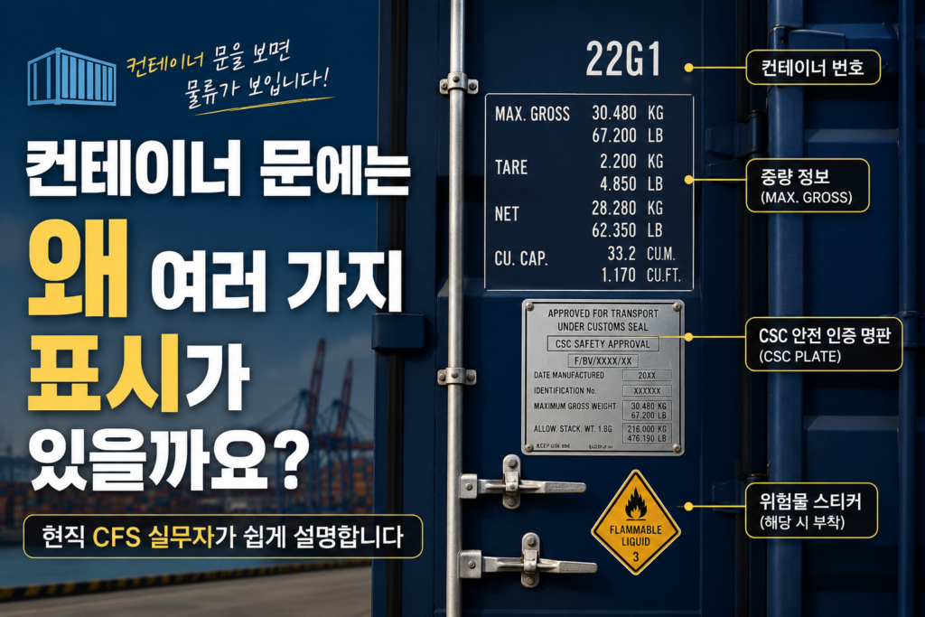 컨테이너 문에 표시된 컨테이너 번호, 중량 정보, CSC Safety Approval Plate, 위험물 스티커의 의미를 설명하는 이미지