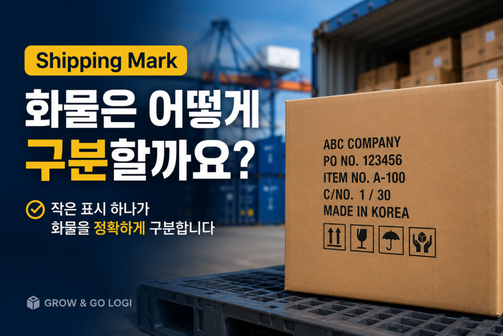 컨테이너 화물 박스에 표시된 Shipping Mark 예시와 국제물류에서 화물을 식별하는 쉬핑마크를 설명하는 이미지