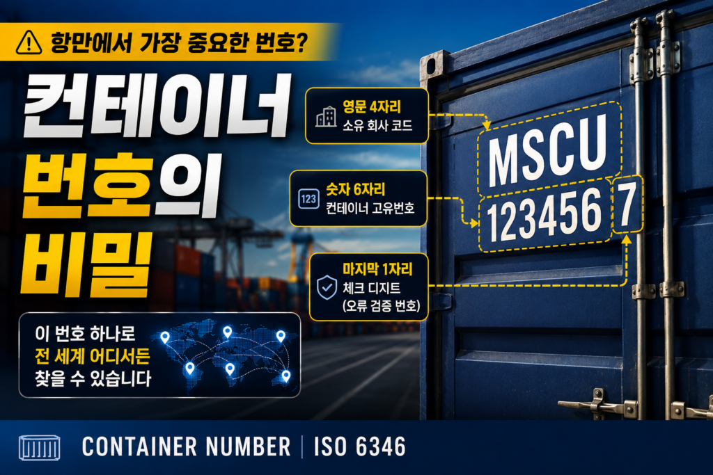 ISO 6346 기준 컨테이너 번호 구성 예시. Owner Code, Equipment Category Identifier, Serial Number, Check Digit의 의미를 설명하는 컨테이너 번호 인포그래픽