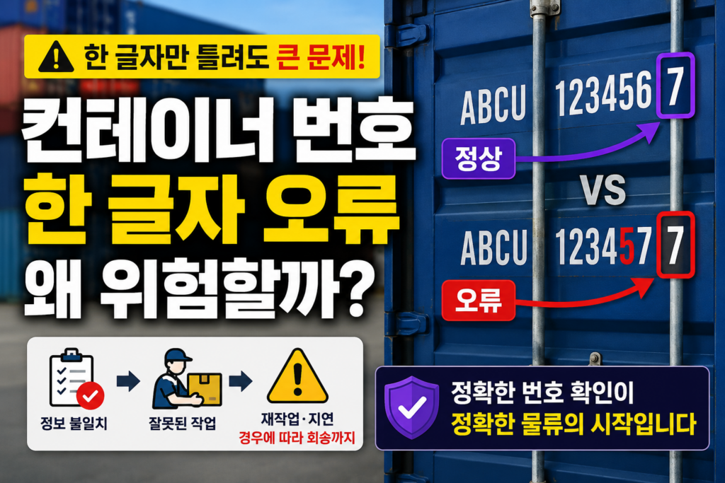 컨테이너 번호 한 글자 오류가 수출입 물류에서 재작업과 지연으로 이어질 수 있는 이유를 설명하는 이미지