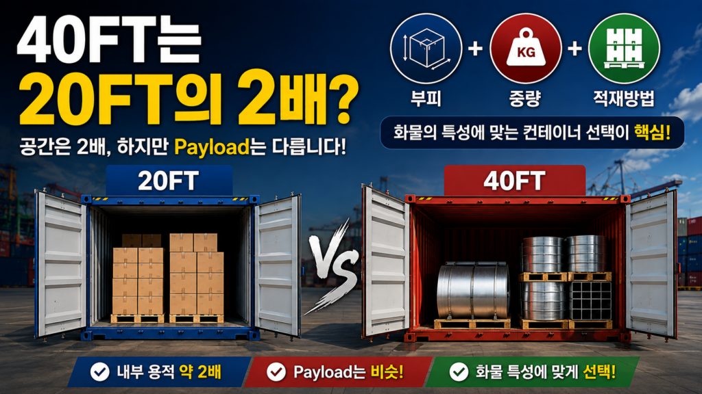 20FT와 40FT 컨테이너의 내부 용적과 Payload 차이를 비교한 이미지