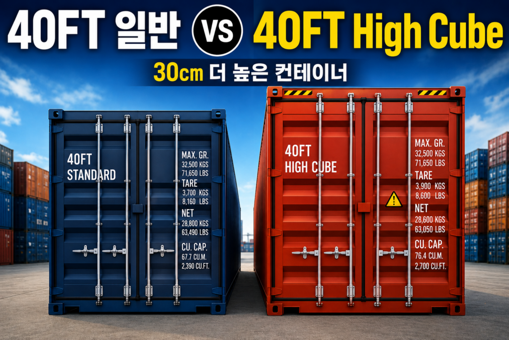 40FT 일반 컨테이너와 40FT High Cube 컨테이너의 약 30cm 높이 차이 비교