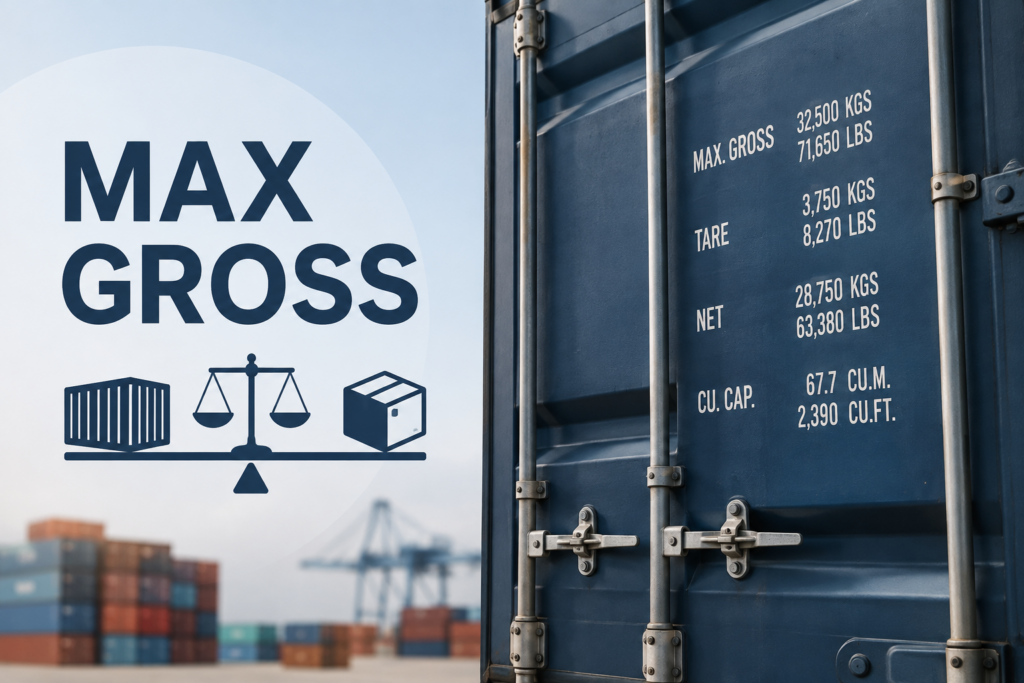 컨테이너 문짝의 MAX GROSS, TARE, NET 중량 표시를 보여주는 이미지