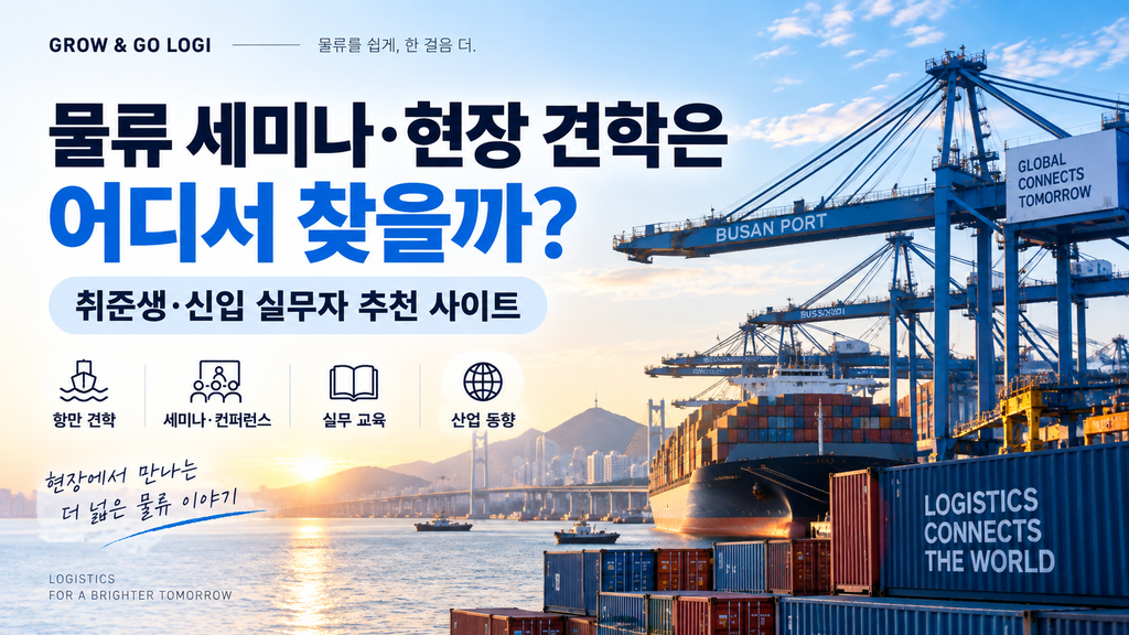 물류 세미나와 현장 견학 정보를 소개하는 항만과 컨테이너 터미널 이미지