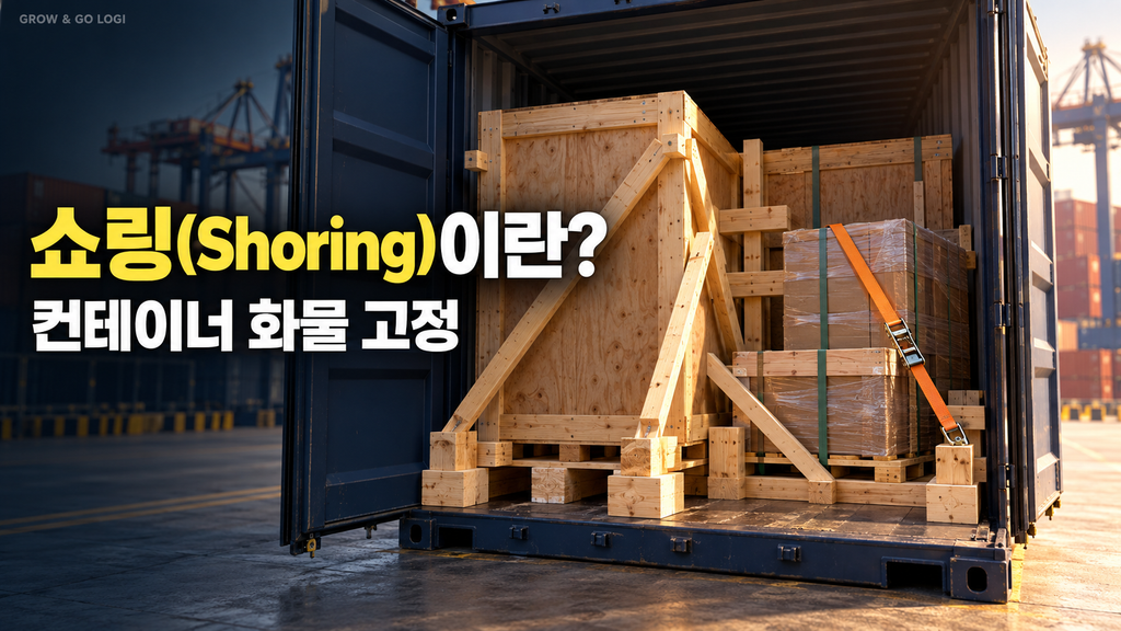 컨테이너 내부의 목재 포장 화물을 블로킹과 대각 브레이싱, 라싱 벨트로 고정한 쇼링 작업 이미지